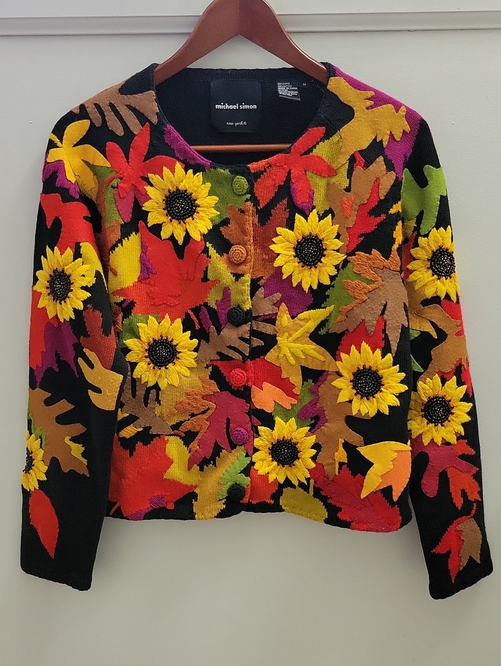 Michael Simon Black Multicolor Sunflower Embroidered Cardigan Sweater Medium